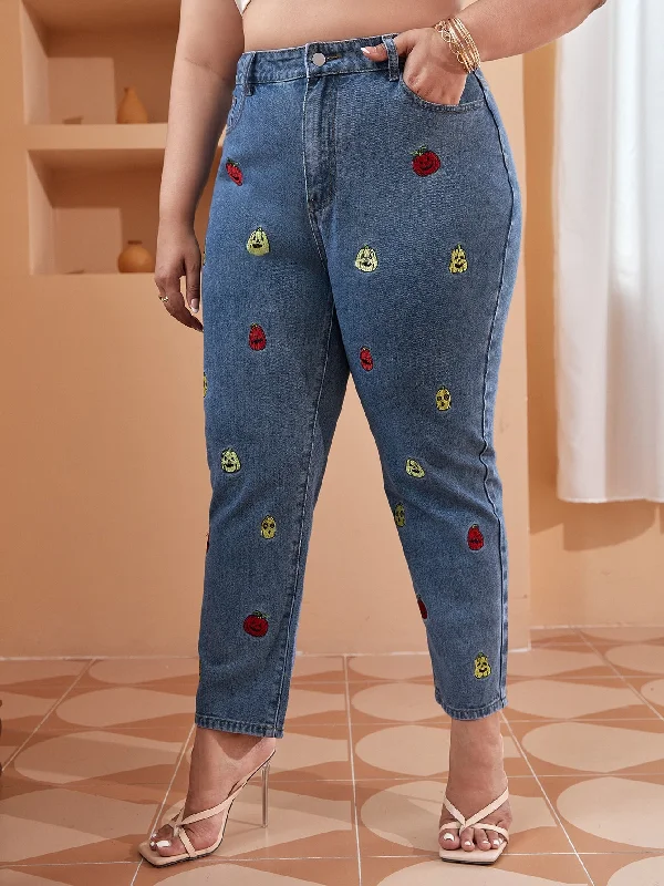 Fruit&Vegetable Zipper High Waist Cropped Plus Size Jeans