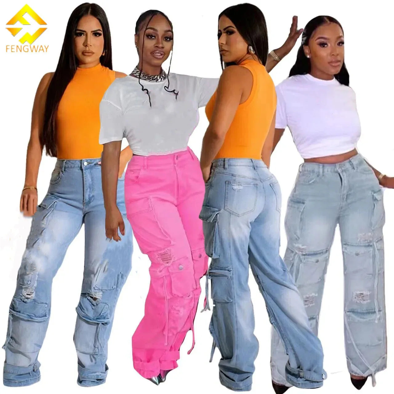 2024 New Fashion Retro Multi-Pocket Pants Women Cargo Denim Pants Streetwear Vintage Loose Straight Jeans