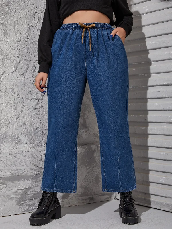 Plain Drawstring High Waist Cropped Plus Size Jeans