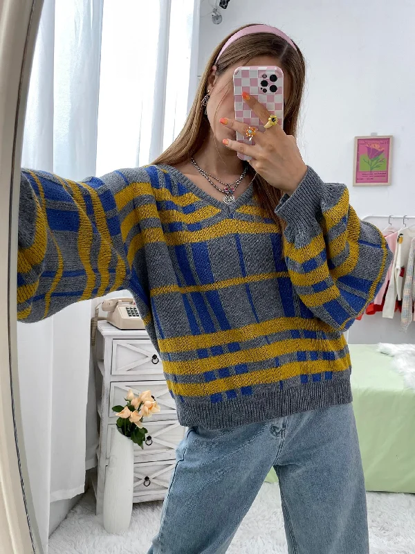 Casual Plaid Long Sleeve V Neck Regular Women Sweater