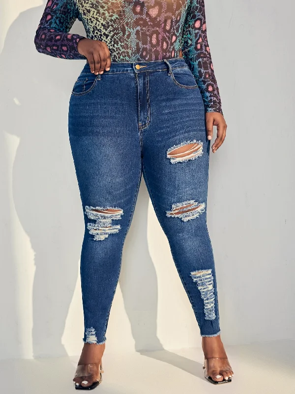 Plain Zipper Natural Long Plus Size Jeans