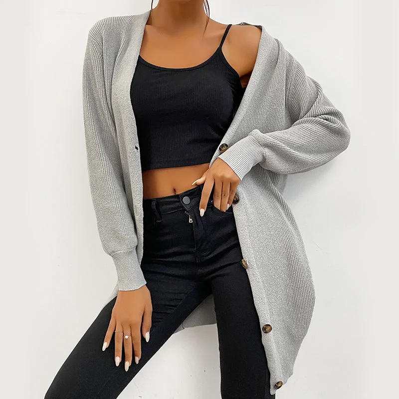 Fashion Solid Color Long Sleeve Buttoned Versatile Simple Sweater Long Cardigan Wholesale Women'S Top