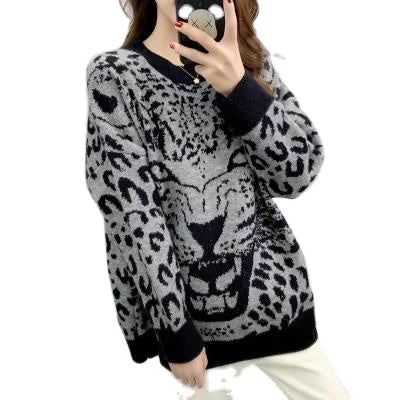 Fashion Girls Stylish Knitted Cute Cartoon Tiger Print Oversize Fat Women Pullover Sweater Jumper