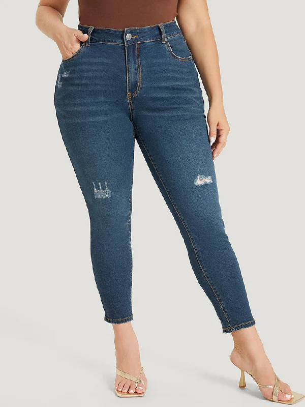 Skinny Moderately Stretchy High Rise Dark Wash Ripped Jeans