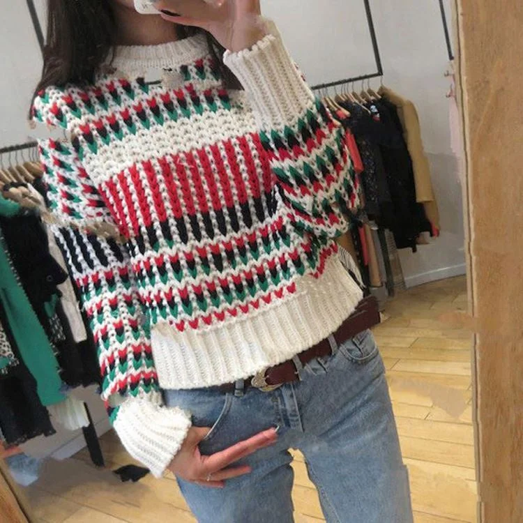 Autumn Spring Crew Neck Stylish Striped Women Winter Plaid Short Pullover Sweaters Ladies Jumpers