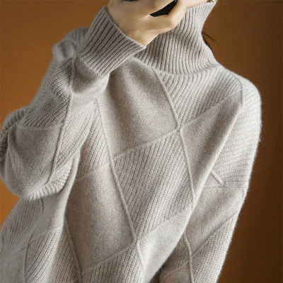 Jumper Sweaters V Fashion Winter High Neck Loose Pullover Diamond Knit Bottoming Shirt Turtleneck Women 100% Wool Thick Sweater