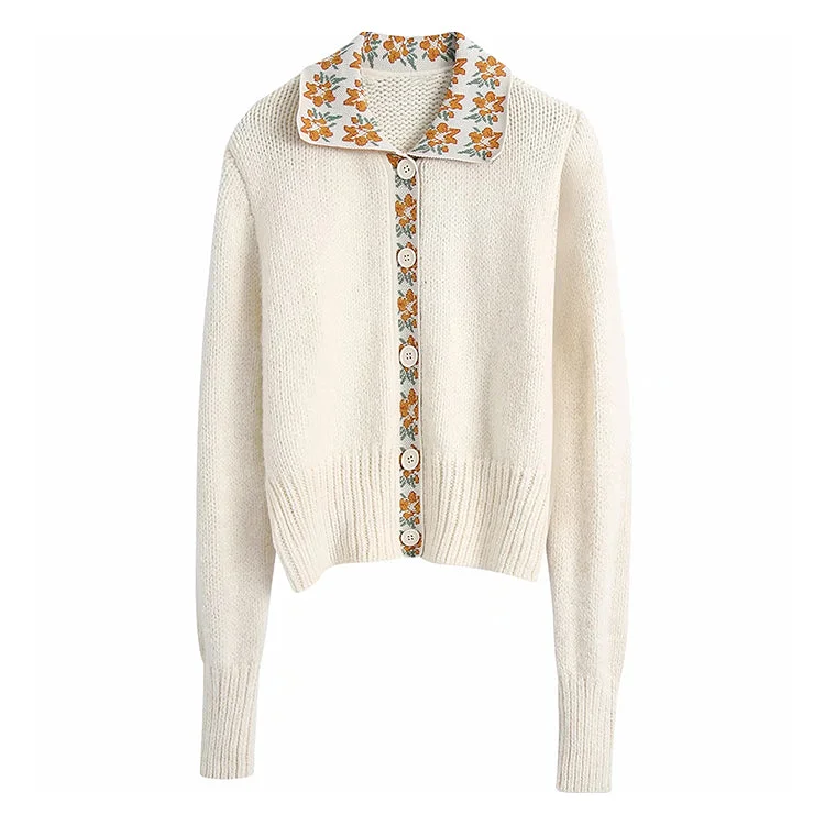 New foreign style retro printed Lapel knitted cardigan sweater  7219