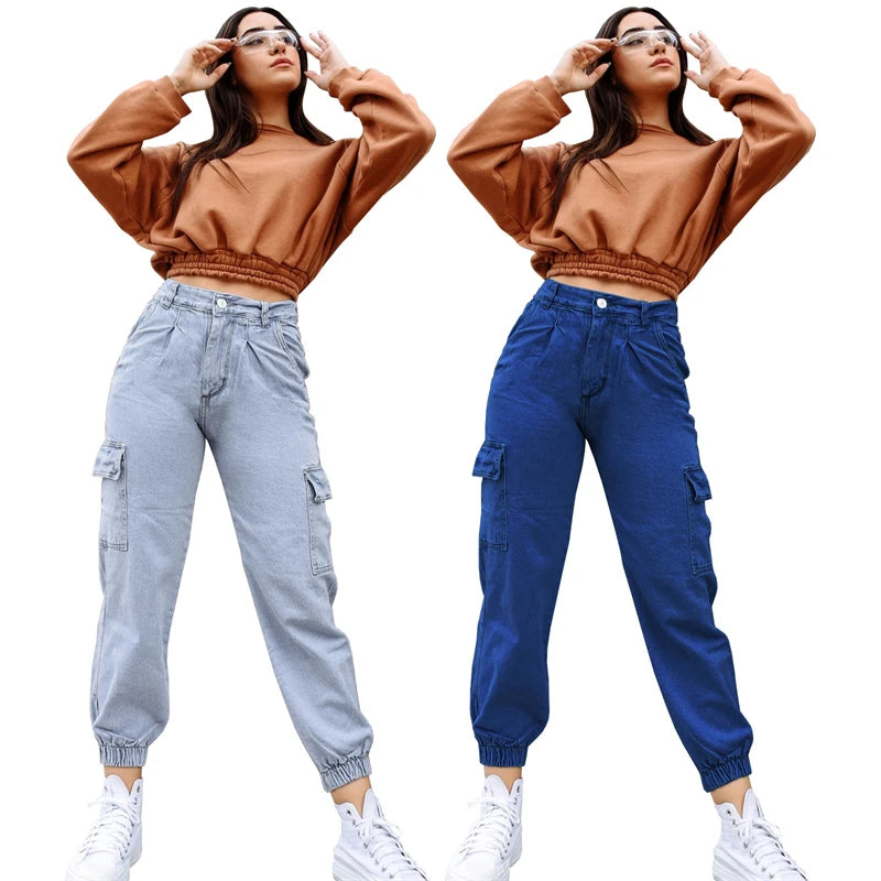 Autumn spring 2024 luxury women trendy cargo denim jeans pants multiple pockets women high waist baggy street clothing for women