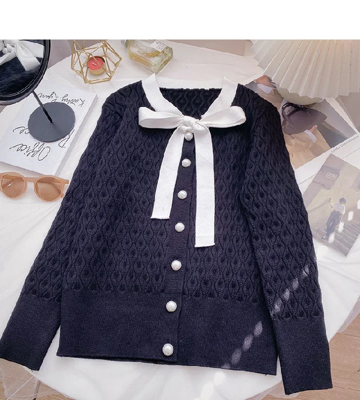 Twist knit shirt gentle bandage pearl buckle long sleeve top  6692