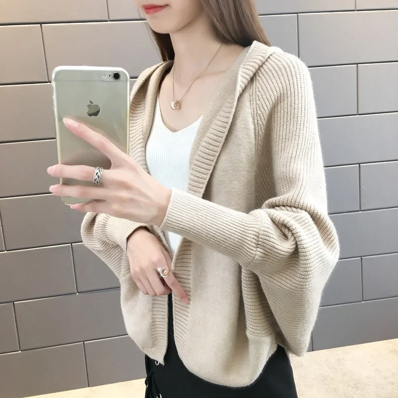 2022 Dress Shawl Small Coat Ladies Hooded Cloak-Style Bat Type Short Sweater Knitted Cardigan Women