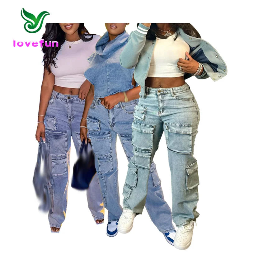 2024 New Arrivals Stretch Washed Cargo Jeans Women Loose Wide Leg Pants Trendy Multi Pocket Cargo Pants