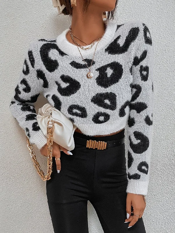 Casual All Over Print Rib-Knit Long Sleeve Round Neck Crop Women Sweater