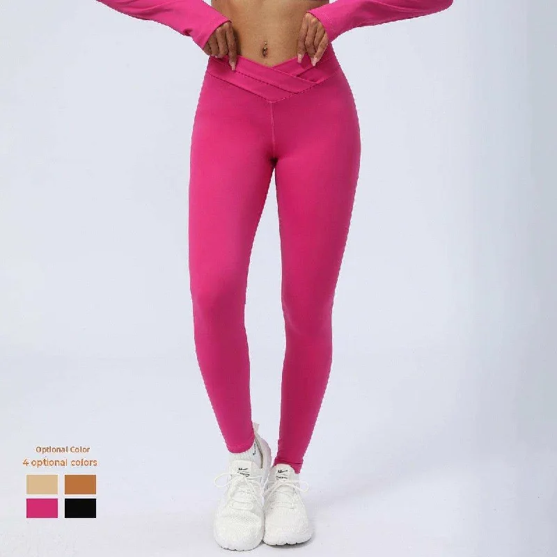 Hot Pink Cross Stitching Yoga Leggings Sports Workout Clothes Trousers