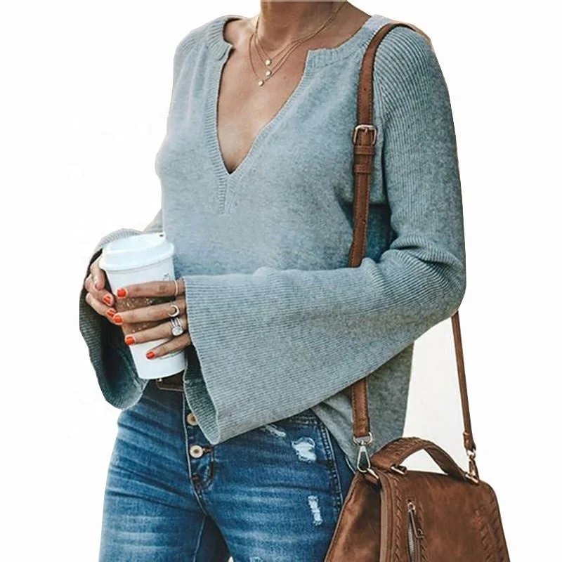 Jumper Sweaters Woman For Knitwear V Wholesale Plus Size Pullover Knit Sweater Female Deep V-Neck Trumpet Sleeve Sexy Top Wom