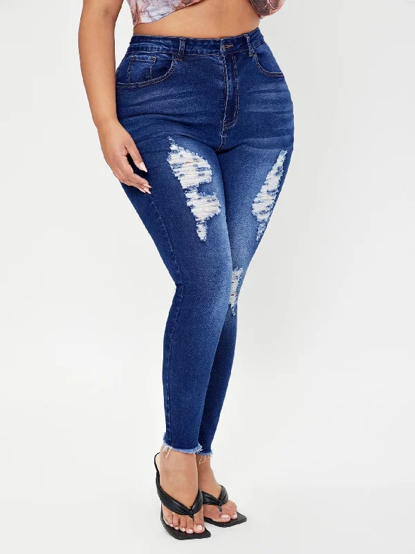 Plain Zipper High Waist Long Plus Size Jeans