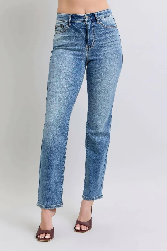 Judy Blue The Aspen High Rise Medium Wash Shearling Cuff Straight Leg Jeans | Sleek Denim Boutique