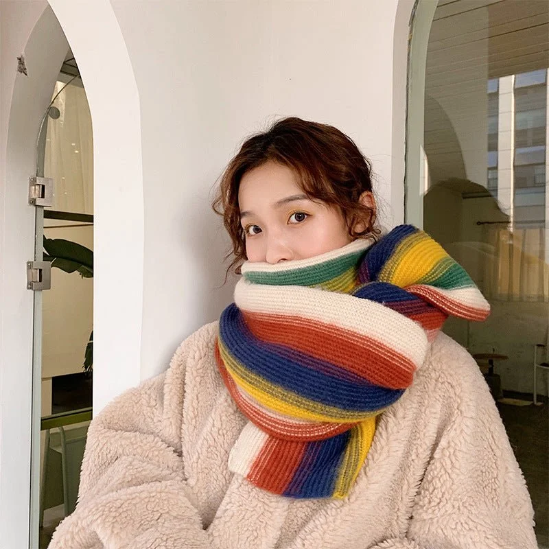 Rainbow Striped Scarf - Warm Knitted Acrylic Shawl, 180cm x 35cm, All-Match Stylish Accessory