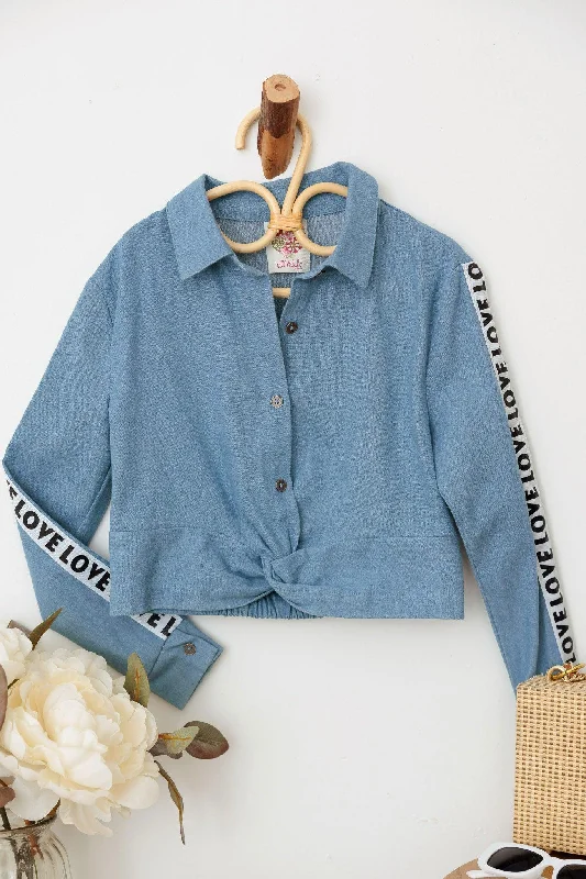 Little Girls Denim "Love" Lettering Button Up Knot Top