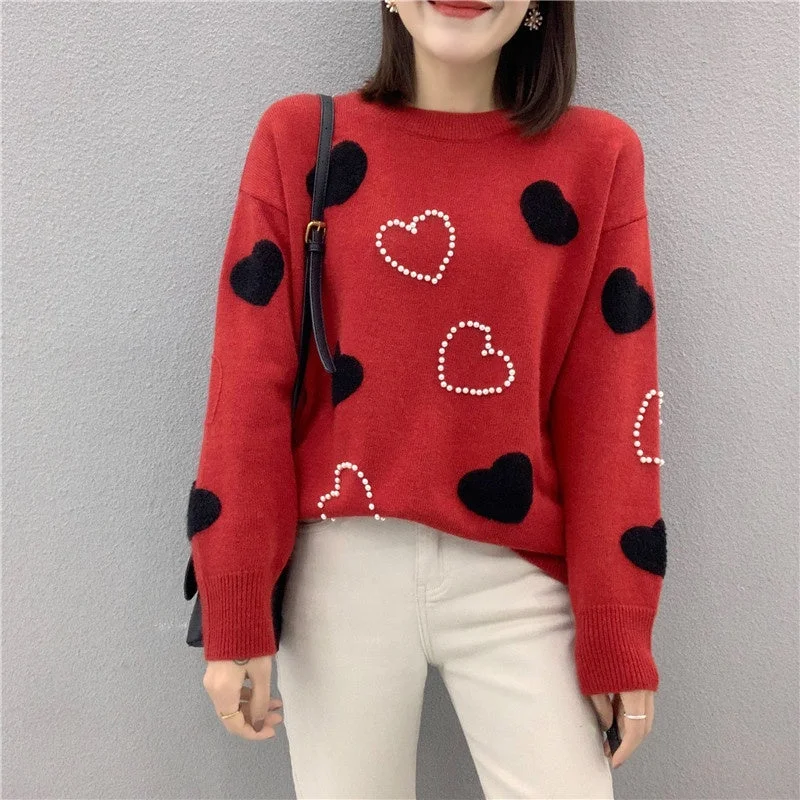 Custom Fit Thick Warm Cute Design Jumper Heart Shaped Lovers Knitted Pullover With Pearl Young Ladies Elegant Cartoon Sweater