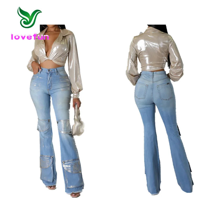 2024 New Design Bronzing Pocket Jeans Women Slim Fit Flare Trousers Fashion Casual Button Denim Pants