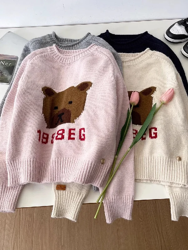 Fashionable casual cartoon bear jacquard round neck long-sleeved knitted sweater    S4743