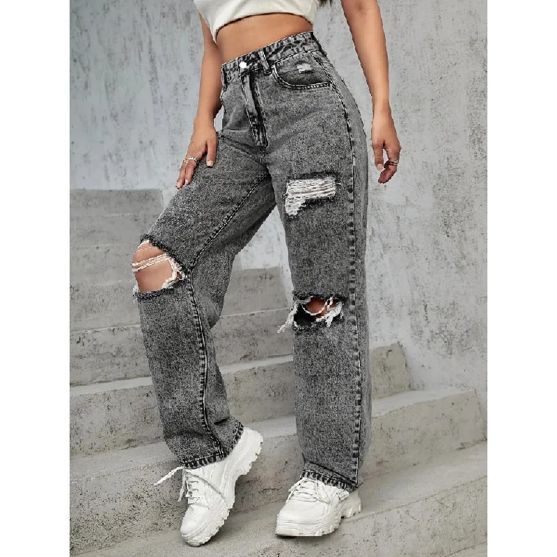 Fashion Solid Color Hole Denim Straight Pants Wholesale Jeans