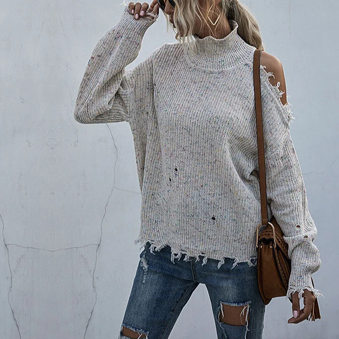 Casual Ripped High Collar Long Sleeve Loose Knitted Tops Wholesale Sweater