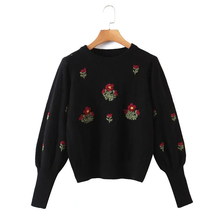 Floral crew neck Pullover loose long sleeve sweater  7169