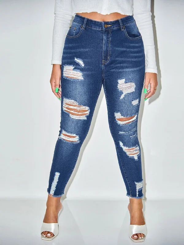 Plain Zipper High Waist Long Plus Size Jeans