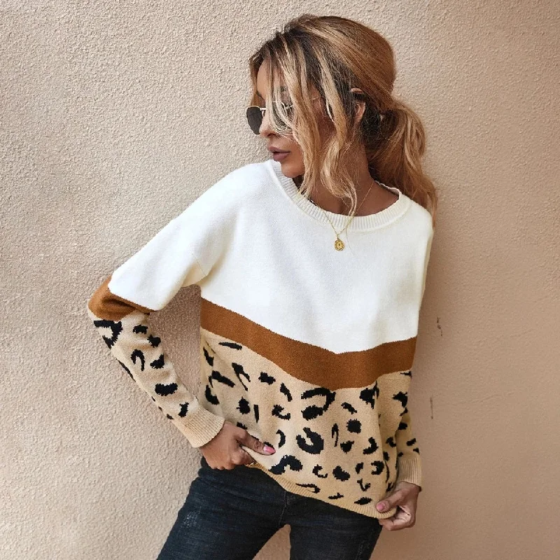 Fashion Leopard Patchwork Autumn Winter 2022 Ladies Knitted Sweater Women O-Neck Full Sleeve Jumper Pullovers Top Khaki Brown