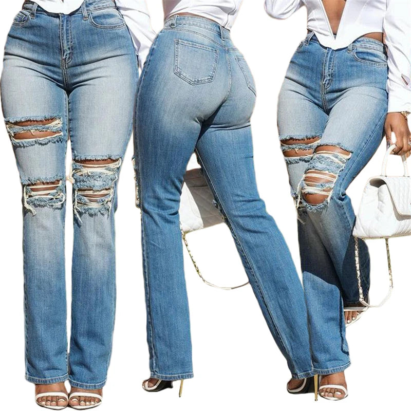 2024 summer new arrivals women ladies stretch blue slim ripped jeans denim high waist straight pants for women with knee rip