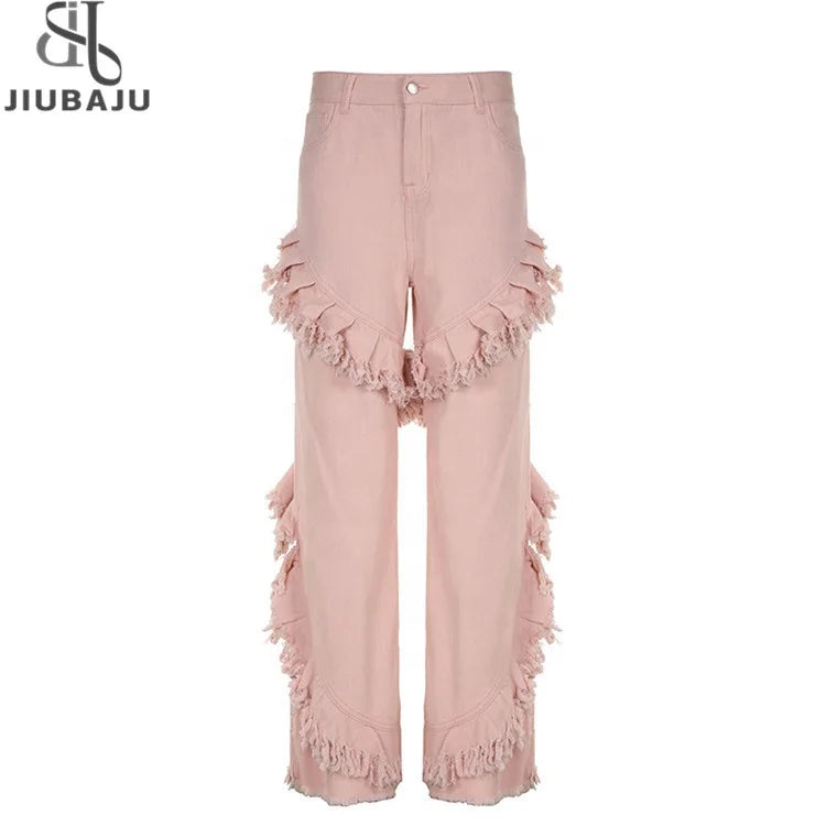 High Waist Loose Tassels Jeans Pants 2024 Autumn Summer Women's Straight Leg Baggy Denim Trouser