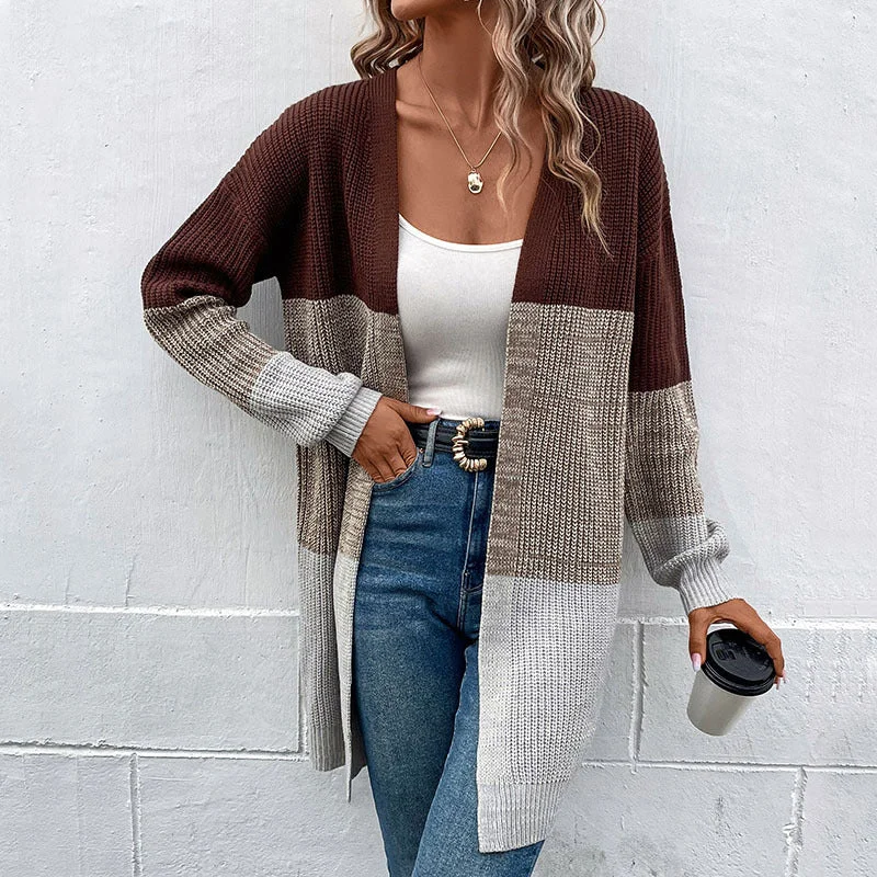 Colorblock Casual Mid-Length Knitted Jacket Wholesale Cardigan