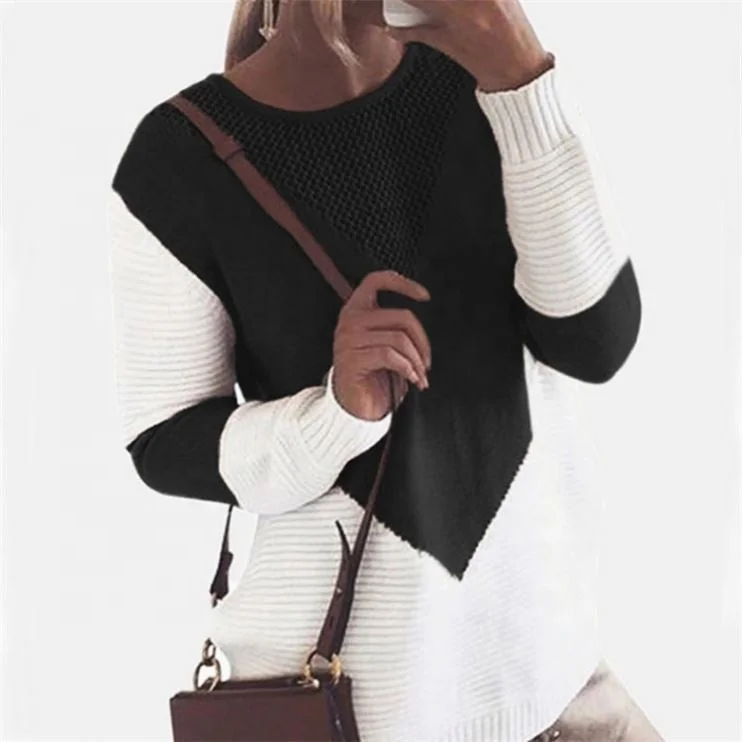 Autumn Spring Winter Fashion Crew Neck Long Sleeve Patchwork Women Casual Sweater