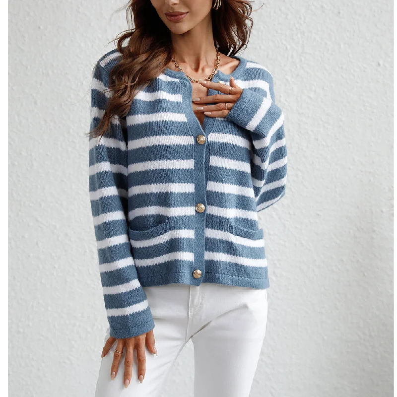 Striped Loose Casual Knitted Cardigan Sweater Wholesale Womens Tops