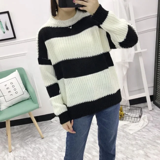 Cheap Crew Neck Long Sleeve Stripe Knitted Women Woolen Sweater