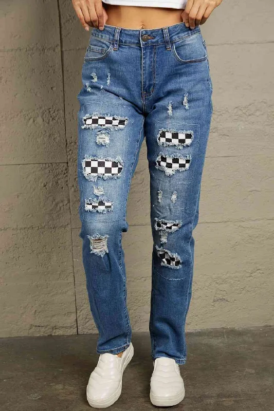 Baeful Checkered Patchwork Mid Waist Distressed Jeans