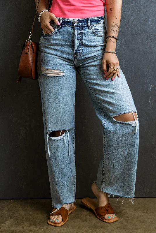 Distressed Raw Hem Straight Jeans